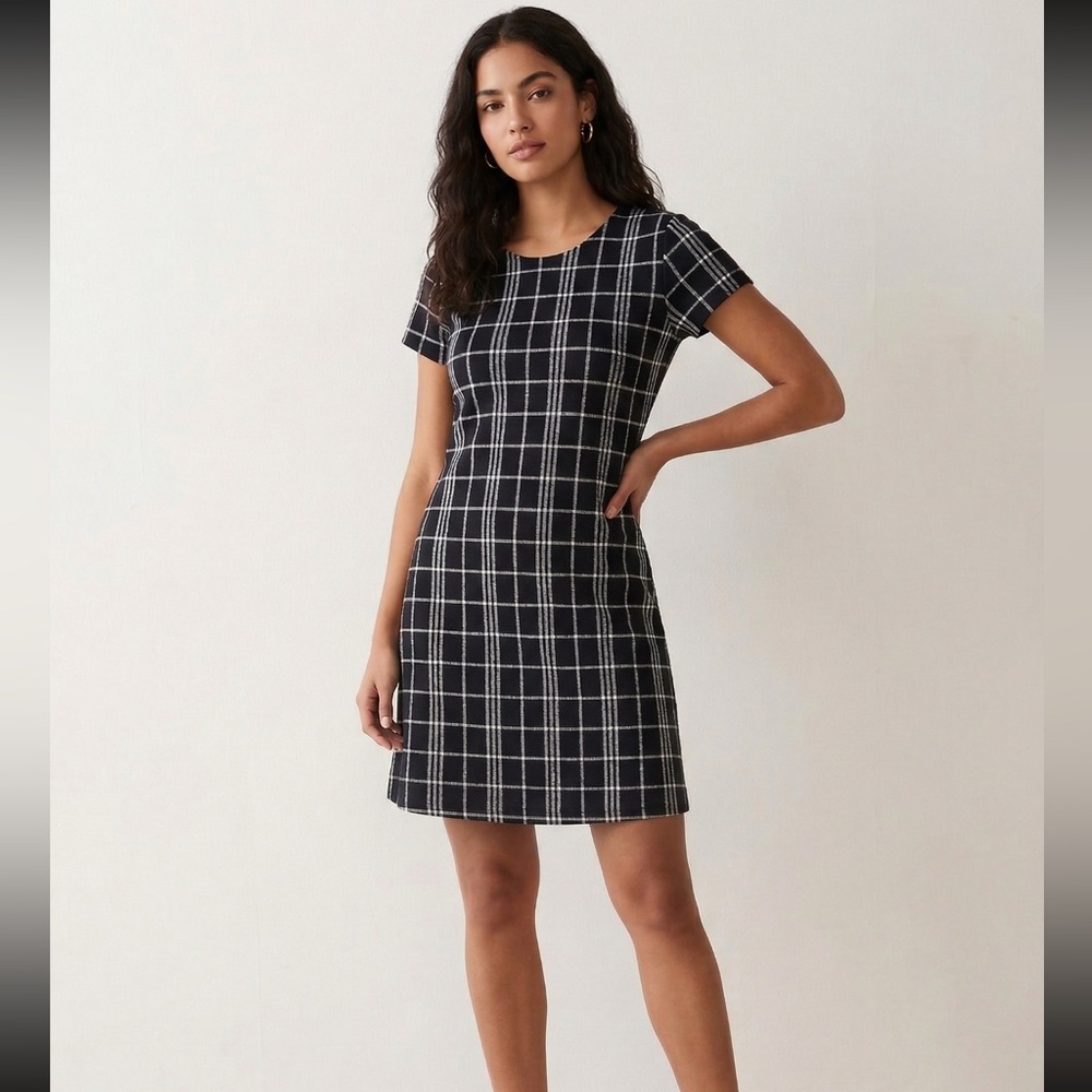 Theory Black Plaid Short-Sleeve Shift Dress